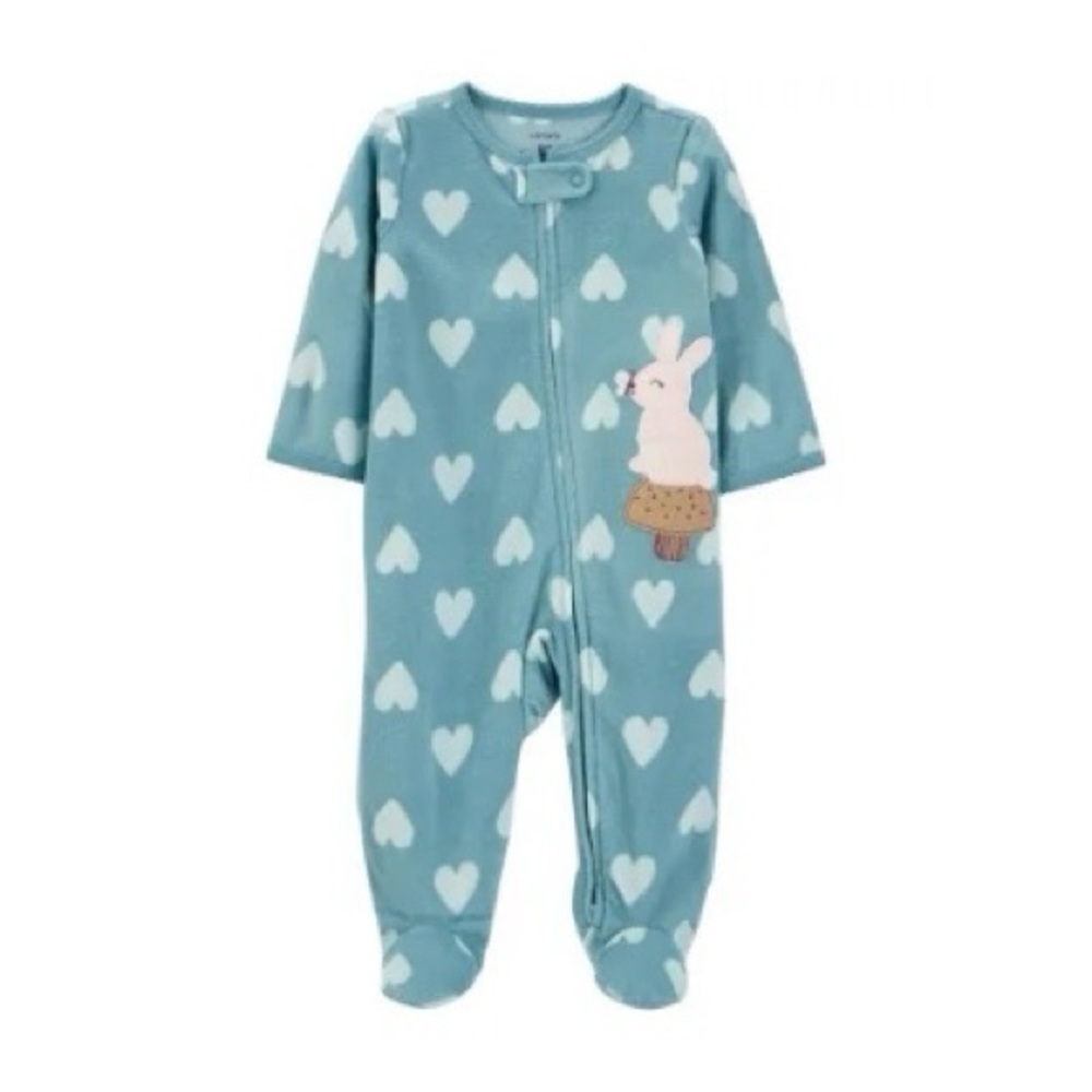 Carters Blue/Turquoise Fleece Heart Bunny Graphic Footie Pajamas Size 6M